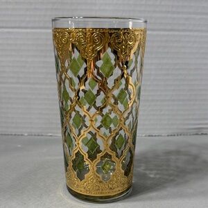 Vintage Culver Valencia Gold & Green Diamond Pattern Signed MCM Highball Glass